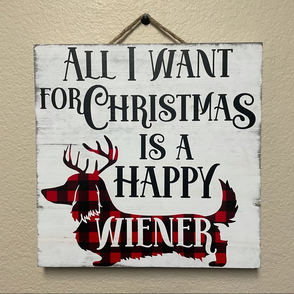 Farmhouse Sign Holiday Christmas Gift Dachshund Longhaired Wiener Dog Red Plaid